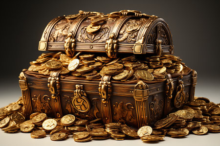 Treasure chest full of gold coins, on a gray background.の素材