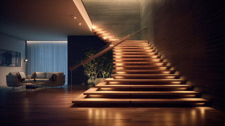 Illuminated staircase with wooden stepsの素材