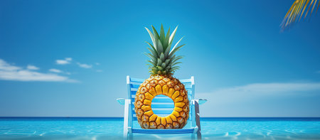 Ripe attractive girl-pineapple lying on sun chair on the sand against turquoise sea.の素材