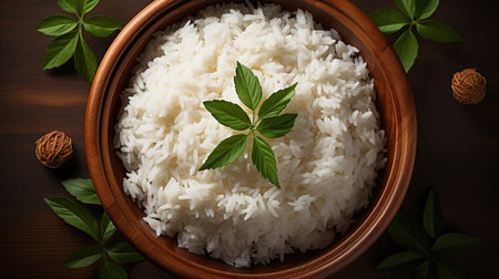 Cooked rice in a bowl on a wooden table, top viewの素材
