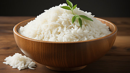 Bowl of cooked rice on wooden table, closeup. Healthy foodの素材