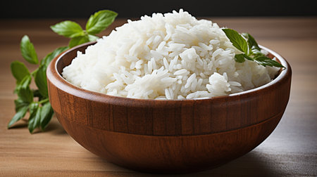 Bowl of cooked rice with fresh basil leaves on wooden table, closeupの素材