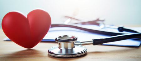 Stethoscope head and red heart shape toy lying on medical application form at worktable in doctor officeの素材
