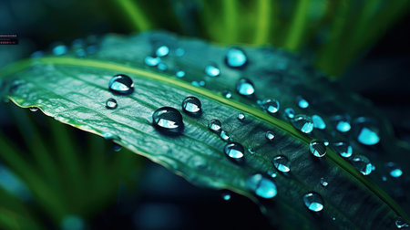 Large beautiful drops of transparent rain water on a green leaf macroの素材