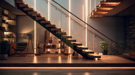Illuminated staircase with wooden stepsの素材