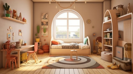 Nursery with pink walls, a wooden floor, a double bed with a house like roof, a computer desk and a ladderの素材