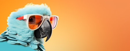 Parrot with sunglasses on orange background. Copy space for text.の素材