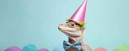 cute iguana in birthday hat on blue background with copy spaceの素材