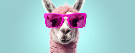 Funny llama with sunglasses on blue backgroundの素材