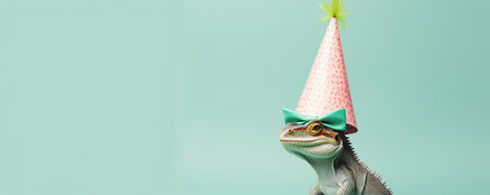 cute iguana in birthday hat on blue background with copy spaceの素材