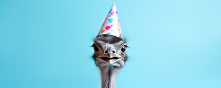 Funny ostrich with birthday hat on blue background, panoramaの素材