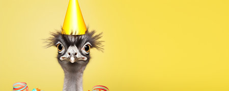 Funny ostrich with birthday hat on blue background, panoramaの素材