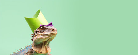 cute iguana in birthday hat on blue background with copy spaceの素材