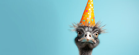 Funny ostrich with birthday hat on blue background, panoramaの素材
