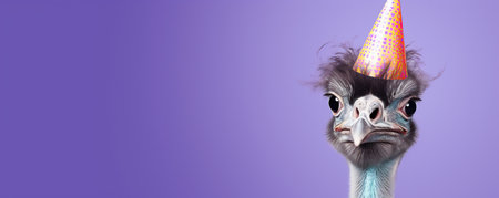 Funny ostrich with birthday hat on blue background, panoramaの素材