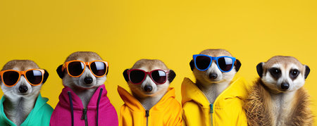 Group of meerkats in yellow clothes and sunglasses on yellow backgroundの素材