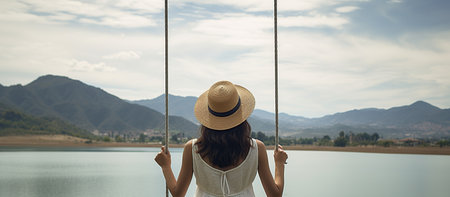 Rear view of woman in hat sitting on swing against lake and mountain landscapeの素材