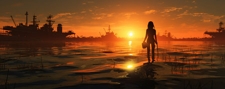 woman working on the seashore at sunsetの素材