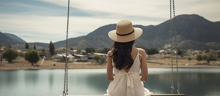 Rear view of woman in hat sitting on swing against lake and mountain landscapeの素材