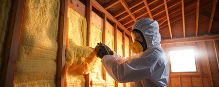 Worker painting a wooden house with a paint roller, light effectの素材