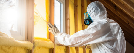 Worker painting a wooden house with a paint roller, light effectの素材