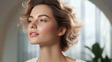 Portrait of young beautiful woman with perfect smooth skin isolated over white backgroundの素材
