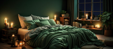 Interior of bedroom with green blankets on bedの素材