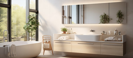 Interior of light bathroom with counters, sink and mirrorの素材