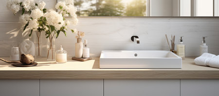 Interior of light bathroom with counters, sink and mirrorの素材