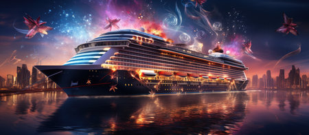 Harbor and cruise ship at colorful sunset with fireworksの素材