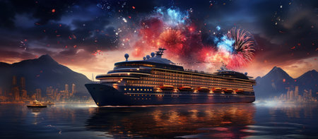 Harbor and cruise ship at colorful sunset with fireworksの素材