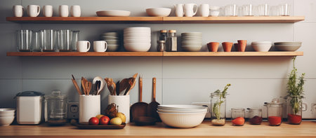 Interior of stylish kitchen with utensils and dinnerware on counterの素材