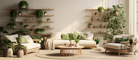 Living room interior with beautiful different potted green plants and furnitureの素材