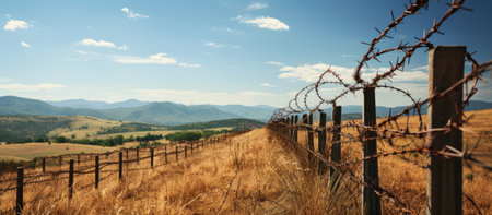 The imposing presence of a barbed wire fenceの素材