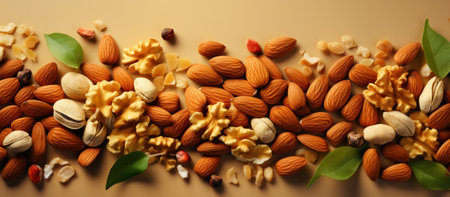 Mix of peanuts and almonds scattered on a warm, beige surface copy spaceの素材