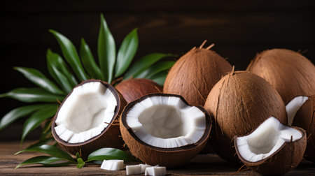 Glass bottle of coconut oil with fresh coconut fruit on wooden rustic backgroundの素材