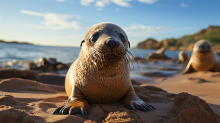 Cute sea lion resting on wet sandの素材
