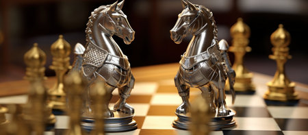 silver and gold knight on chess boardの素材