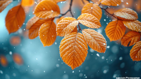 branch with orange and yellow leaves in late fall or early winter under the snowの素材