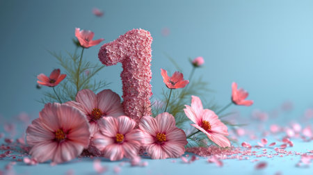 Minimal 3D number "1" decorated with flower, pastel backgroundの素材