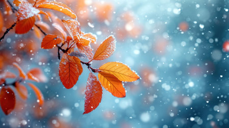 branch with orange and yellow leaves in late fall or early winter under the snowの素材