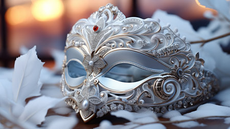 Silver carnival mask on aesthetic silver scenery backgroundの素材