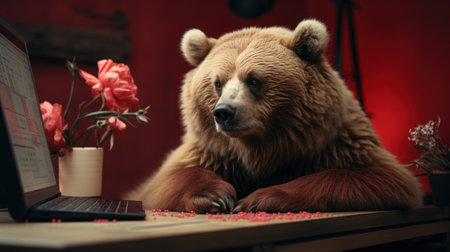 Sad bear sitting with red graph on screenの素材
