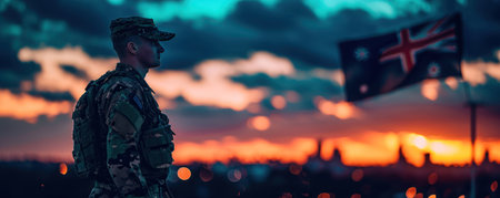 full body side silhouette of an Australian-soldier with double exposure of the Australian-flag in silhouetteの素材