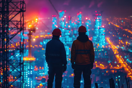Silhouette workers construction the extension of high-voltage towers on blurred light city background in industryの素材