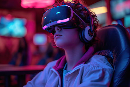 Portrait of a young man playing with virtual reality headset while sitting in gaming clubの素材