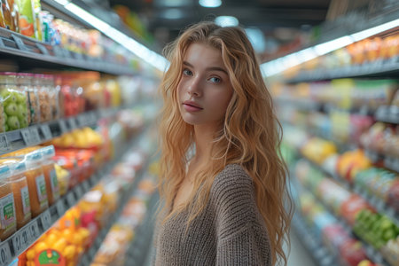 woman In Supermarket Buying Groceries Foodの素材