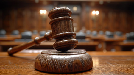 Close-up of gavel on judge deskの素材