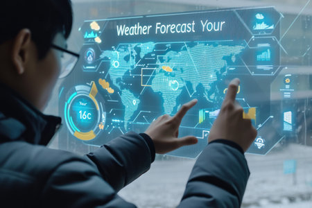 man in casual dress pointing hand to check the weather forecast on screen checking the weather during the day, such as temperatureの素材