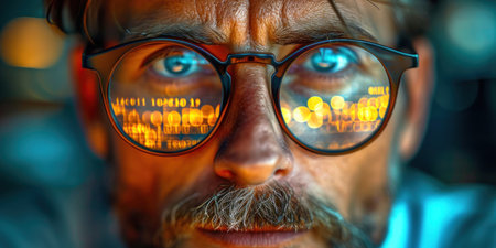 image man wearing glass reflecting of computer programming codeの素材